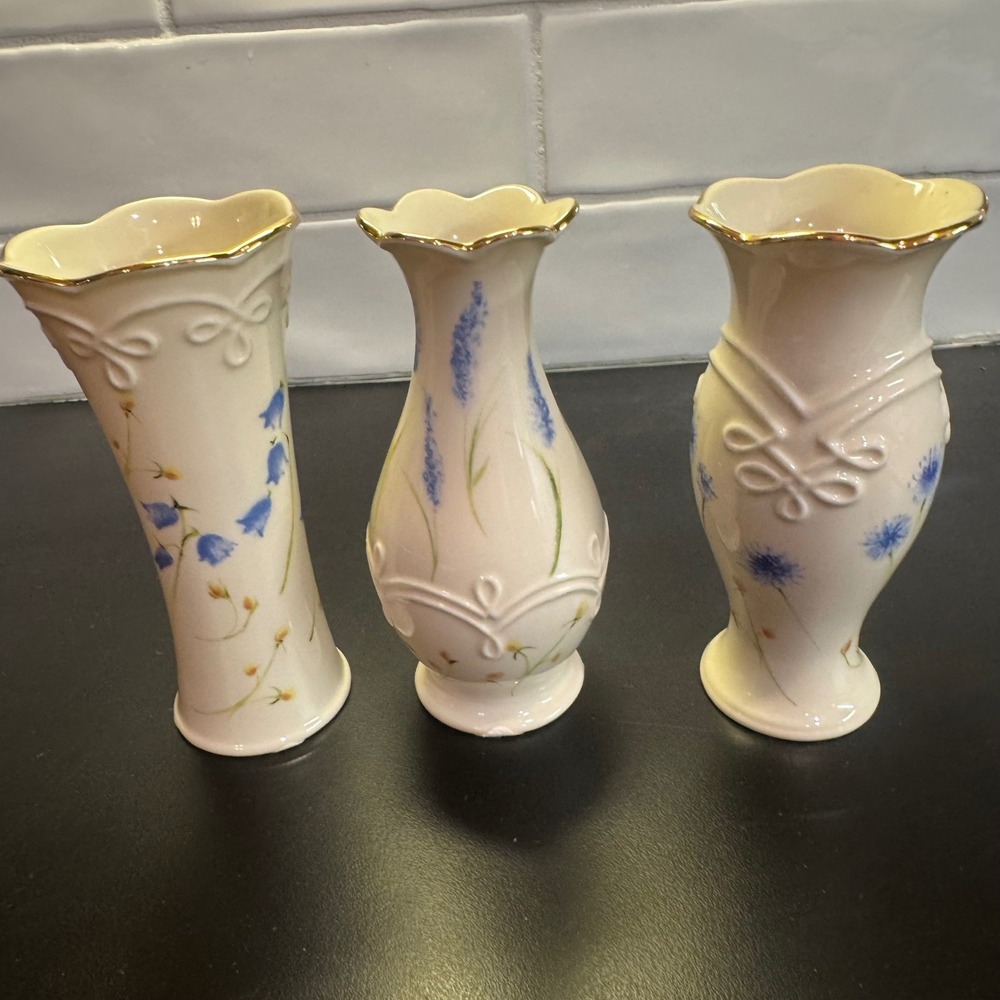 Lenox Bud Vases Set of 3 Ivory porcelain Blue Floral Gold Trim Fine China